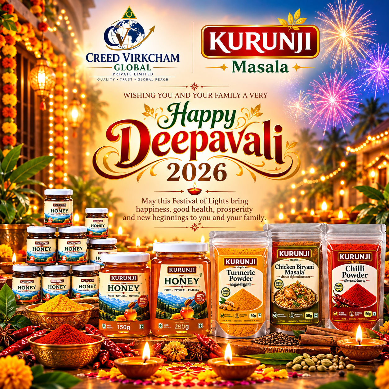 Kurunji Masala Deepavali 2026 wishes from Creed Virkcham Global Private Limited